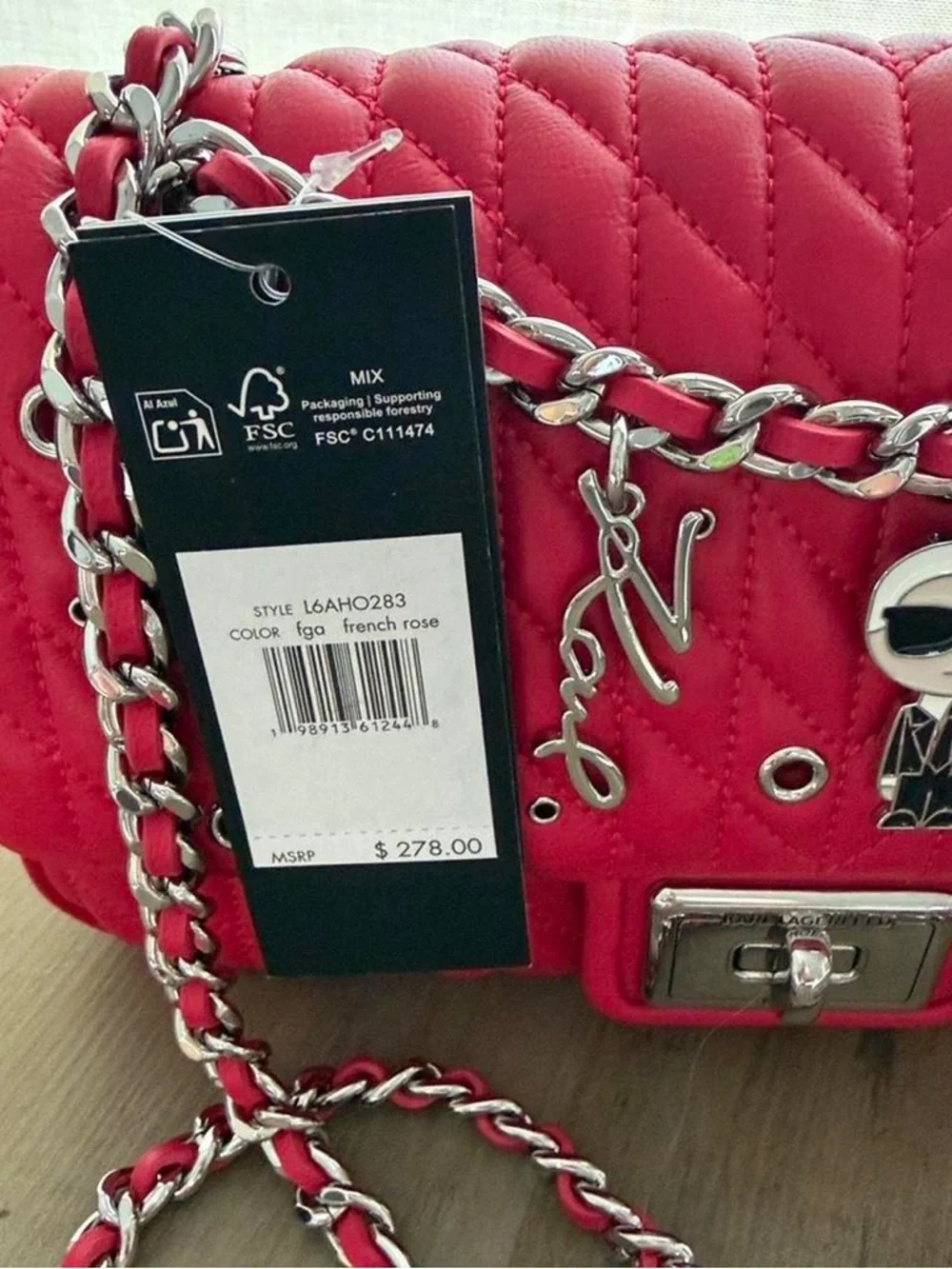Karl Lagerfeld Quilted Red Chain Crossbody with Charm Accents